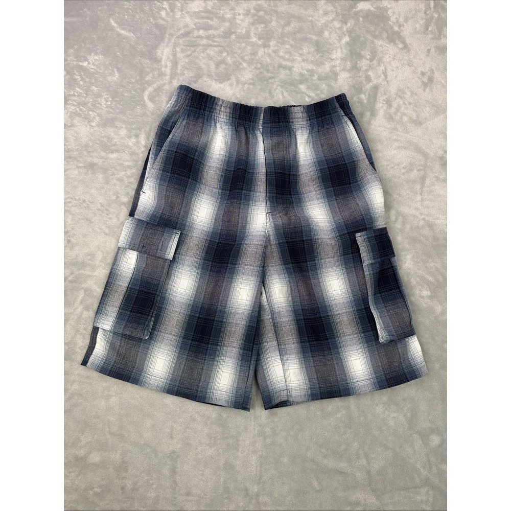 FB County Checker Shorts Mens Sz S Blue Plaid Cargo Drawstring Casual 90s New